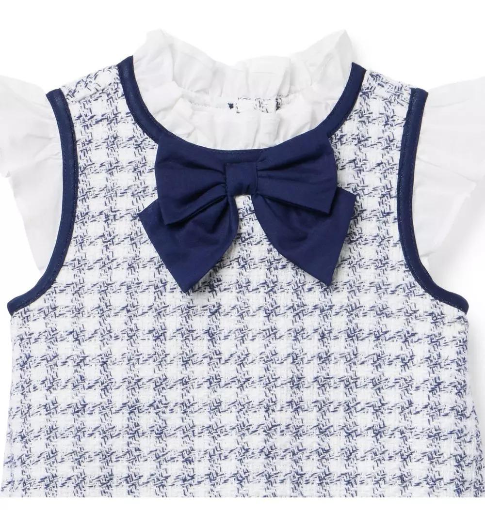Vestido Infantil Tricot Branco/Azul Gola Laço Janie and Jack