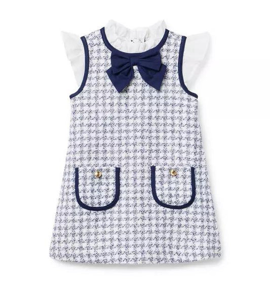 Vestido Infantil Tricot Branco/Azul Gola Laço Janie and Jack